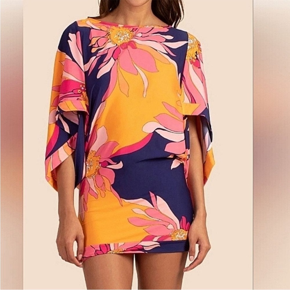 Trina Turk Breeze NWT floral bathing suit cover up wide 3/4 sleeve pink purple L - Picture 12 of 12